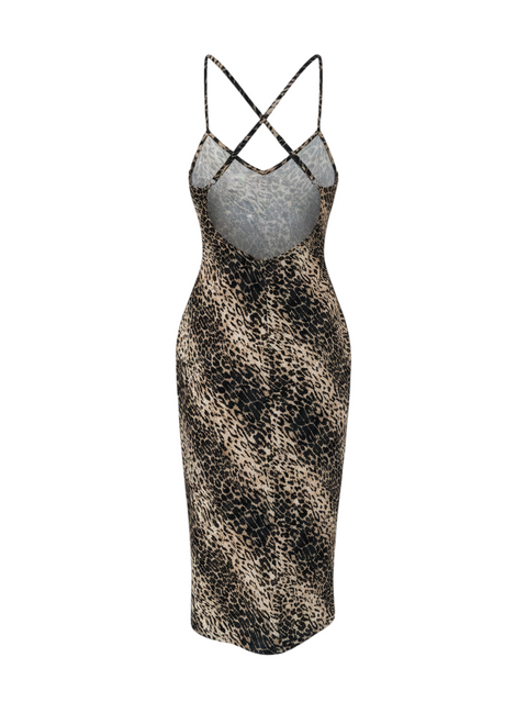Robe midi CHEZ SNOW BUNNY à imprimé léopard avec dos nu et bretelles croisées