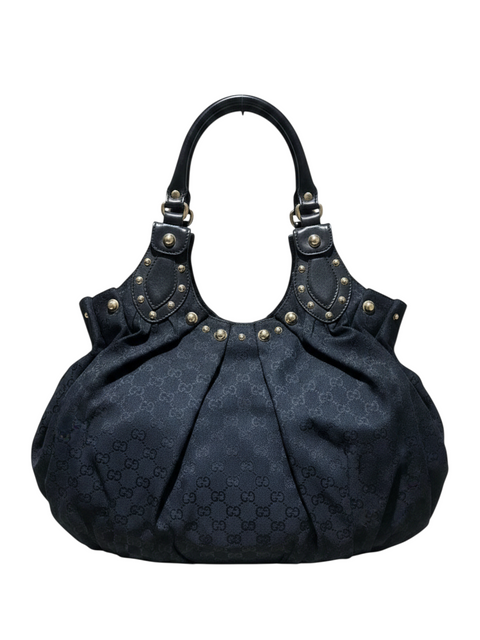 Sac Gucci Pelham en toile noire avec anses en cuir et détails cloutés dorés, proposé par CHEZ SNOW BUNNY