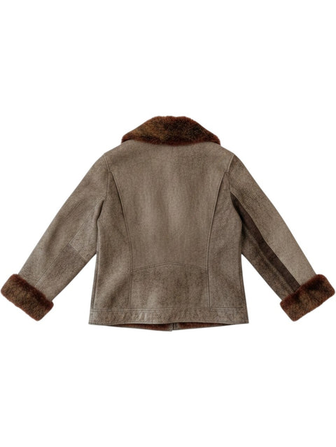 CHEZ SNOW BUNNY Vera Pelle brown suede jacket with plush faux fur collar and cuffs, back view.