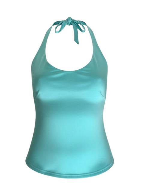CHEZ SNOW BUNNY Victoria blue satin halter neck top with tie closure, made in France.