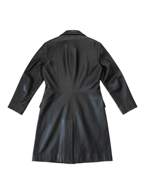 Back view of a CHEZ SNOW BUNNY vintage brown leather coat with a tailored fit and classic collar.
