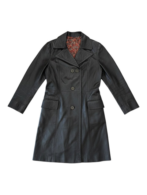CHEZ SNOW BUNNY vintage brown leather coat with a button-up front and patterned interior lining