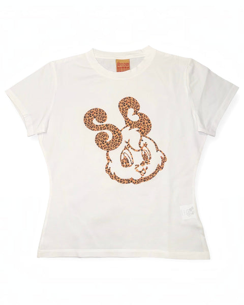 CHEZ SNOW BUNNY white baby t-shirt featuring a brown leopard print bunny graphic on the front.