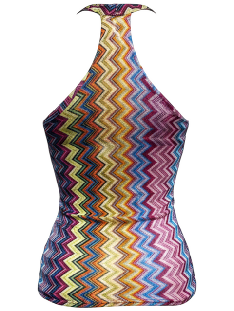 CHEZ SNOW BUNNY Naramaglie Multi Top featuring a vibrant chevron zigzag pattern in a sleeveless halter neck style.