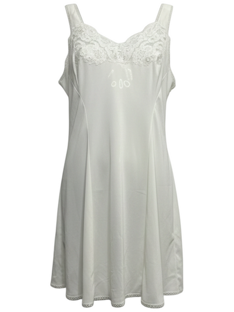 CHEZ SNOW BUNNY vintage white slip dress featuring delicate lace trim on the bodice and hemline.