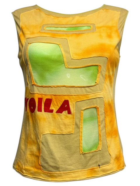 CHEZ SNOW BUNNY Custo Voila sleeveless top in yellow tie-dye with green patch details and red graphic lettering.