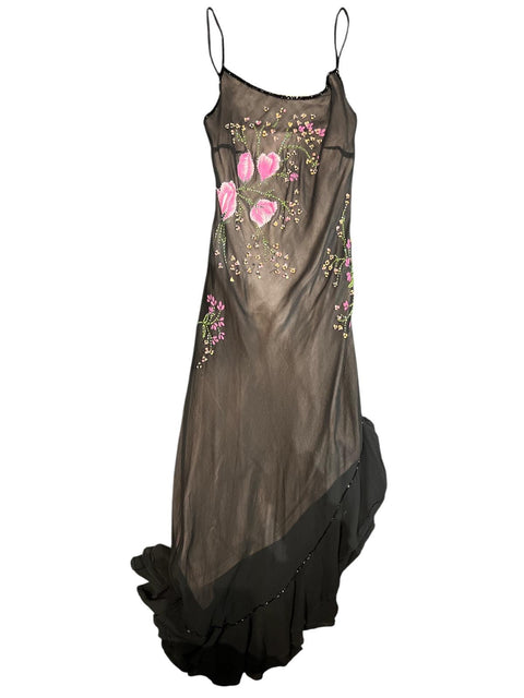 Long Brown Floral Embroidered Dress