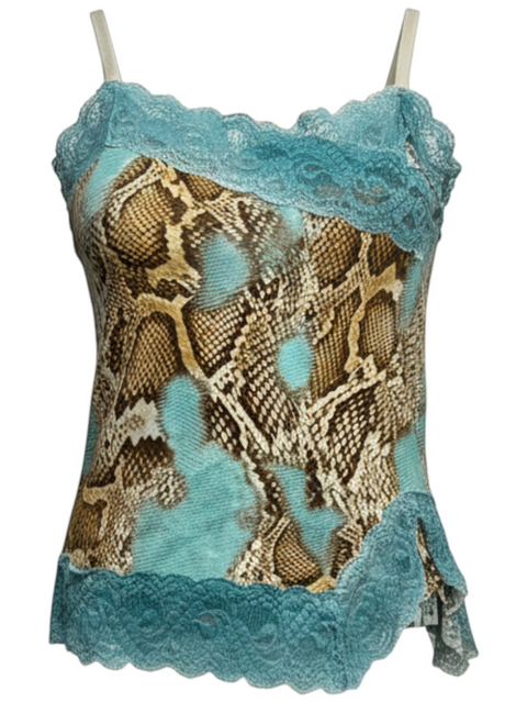 CHEZ SNOW BUNNY vintage turquoise and brown snakeskin print camisole top with delicate lace trim detailing