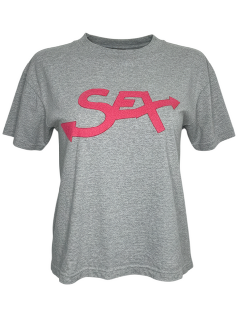 T-shirt gris Dolce & Gabbana avec inscription SEX rose, disponible chez CHEZ SNOW BUNNY en taille M