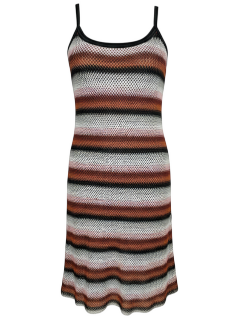 CHEZ SNOW BUNNY Custo Knit Multi Dress featuring a striped pattern in brown, black, and white with spaghetti straps.