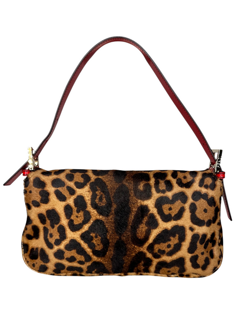 Fendi Baguette Red Trim Brown Leopard Print